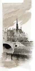 Widok Sainte-Chapelle z mostu St Michel w Paryżu (Widok na Sainte-Chapelle z mostu St Michel w Paryżu) Rysunek Gustave