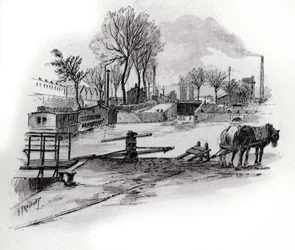 Widok na kanał Saint-Denis i quai de la Gironde a la Villette, Paryż (Widok na kanał Saint-Denis i quai de la Gironde w dzielnicy Villette, Paryż) Rysunek Gustave