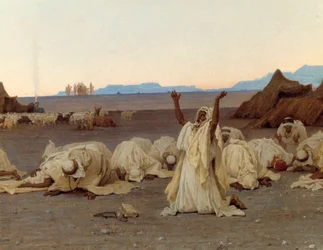 Wieczorna modlitwa na Saharze Szczegół obozu Tuaregów. Obraz Gustave