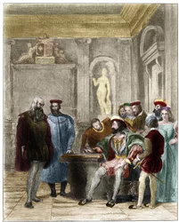 Leonard de Vinci na dworze króla Francji Francois 1. XIX-wieczny rycina Gustave Greux. Prywatna kolekcja.