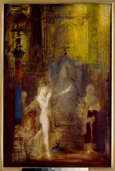 Salome tańczy przed Herodem. Salome tańczy w sali bankietowej Heroda. Herod, siedzący na wysokim tronie, jest zafascynowany pięknem czarodziejki.