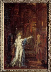 Tatuaż Salome. Salome tańczy w sali uczty Heroda. Herod, siedzący na wysokim tronie, jest zafascynowany pięknem czarodziejki. Obraz Gustave