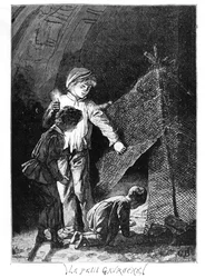 Gawrosz i jego dwaj bracia w słoniu Bastylii, ilustracja z «Nędzników» (1845-62) Victora Hugo (1802-85), ok. 1885