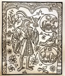 Kalendarz pasterza - Praca miesiąca - Kwiecień - Drzeworyt z książki z 1496 r. wydrukowanej przez Guya Marchanta (Guido Mercator) w Troyes - Drzeworyt w "Le grand Calendrier et compost des shepherds" -