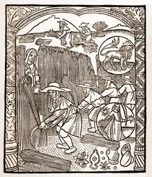 Kalendarz pasterza - Praca miesiąca - Sierpień - Drzeworyt z książki z 1496 r. wydrukowanej przez Guya Marchanta (Guido Mercator) w Troyes - Drzeworyt w "Le grand Calendrier et compost des shepherds" -