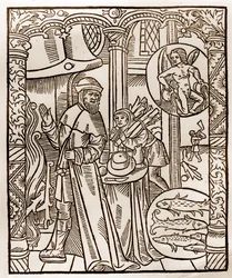 Kalendarz pasterza - Praca miesiąca - Luty - Drzeworyt z książki z 1496 r. wydrukowanej przez Guya Marchanta (Guido Mercator) w Troyes - Drzeworyt w ""Le grand Calendrier et compost des shepherds" -