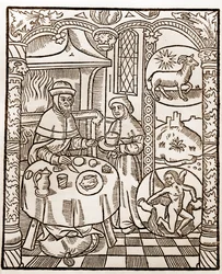 Kalendarz pasterza - Praca miesięcy - Styczeń - Drzeworyt z książki z 1496 r. wydrukowanej przez Guya Marchanta (Guido Mercator) w Troyes - Drzeworyt w "Le grand Calendrier et compost des shepherds" -
