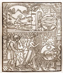 Kalendarz pasterza - Praca miesiąca - Marzec - Drzeworyt z książki z 1496 r. wydrukowanej przez Guya Marchanta (Guido Mercator) w Troyes - Drzeworyt w "Le grand Calendrier et compost des shepherds" -