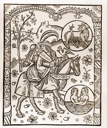 Kalendarz pasterza - Praca miesiąca - Maj - Drzeworyt z książki z 1496 r. wydrukowanej przez Guya Marchanta (Guido Mercator) w Troyes - Drzeworyt w "Le grand Calendrier et compost des shepherds" -