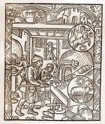 Kalendarz pasterza - Praca miesiąca - Listopad - Drzeworyt z książki z 1496 r. wydrukowanej przez Guya Marchanta (Guido Mercator) w Troyes - Drzeworyt w ""Le grand Calendrier et compost des shepherds"" - Piec chlebowy -