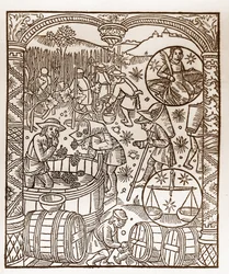Kalendarz pasterski - Praca miesiąca - Październik - Drzeworyt z książki z 1496 r. wydrukowanej przez Guya Marchanta (Guido Mercator) w Troyes - Drzeworyt w ""Le grand Calendrier et compost des shepherds"" - Żniwa - i oznaki zodiak: