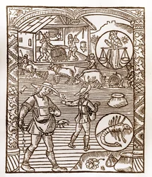 Kalendarz pasterza - Praca miesiąca - Wrzesień - Drzeworyt z książki z 1496 r. wydrukowanej przez Guya Marchanta (Guido Mercator) w Troyes - Au premier plan, des peassans sement a la volee - Drzeworyt w „Le grand Calendrier et compost des shepherds” -