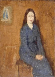 Siedząca dziewczyna w cętkowanej niebieskiej sukience, 1914-15