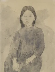 Siedząca dziewczyna (Marie Hamonet?) (węgiel, szary wash i kolor nadwozia na szarym papierze)