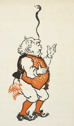 Ilustracja elegancko ubranego mężczyzny balansującego wężem na nosie.