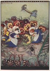 Ilustracja przedstawiająca dwie świnki morskie ubrane w stroje pokojówek opiekujące się jaszczurką, podczas gdy dwa jeże niosą nosze, aby jej pomóc.