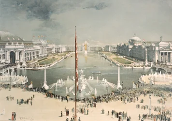 Worlds Columbian Exposition, patrząc na wschód od fontanny MacMonnies w kierunku Court of Honor i Grand Basin, Chicago, Illinois, 1893