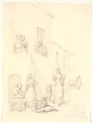 Kobiety i dzieci przed włoskim domem