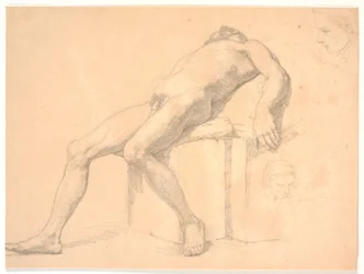 Studium leżącej nagiej modelki męskiej. T.h. dwie głowy portretowe, jedna prawdopodobnie Constantin Hansen