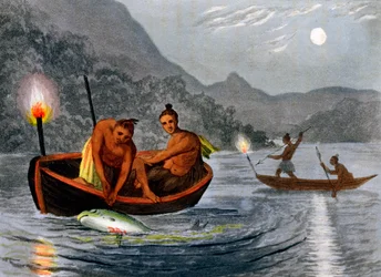 Rdzenni Amerykanie łowią ryby przy świetle pochodni w Ameryce Północnej, 1813 r.