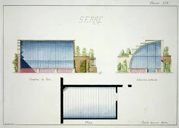 Projekt szklarni z zakrzywionymi szklanymi ścianami i dachem, z folio oryginalnych rysunków w stylu klasycznym i wczesnobelle-epoque, ok. 1870 (pióro i atrament na papierze)