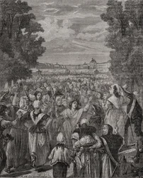 Marsz kobiet na Wersal, 5-6 października 1789, rycina autorstwa Pannemaker-Ligny, z "Histoire de la Revolution Francaise" Louisa Blanc (1811-82)