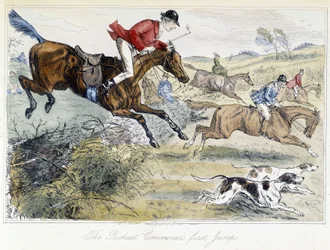 Scena polowania, angielska kreskówka o polowaniu na lisy, zaczerpnięta z „”przygód Thomasa Scotta, czyli Hawbuck Grange”, ilustracja H.K. Browne i WT Maud.