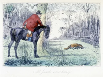 Scena polowania na koniu. Angielski komiks o polowaniu na lisa z "Adventures of Thomas Scott or Hawbuck Grange" ilustracja H.K. Browne i W.T. Maud.