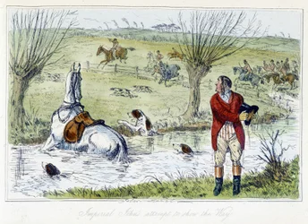 Hunter i jego koń wpadają na podwórze. Angielska karykatura o polowaniu na lisa z „Przygód Thomasa Scotta lub Hawbucka Grange”, ilustracja H.K. Browne i WT Maud.