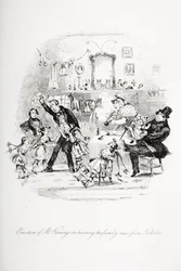 Wzruszenie pana Kenwigsa po usłyszeniu rodzinnych wieści od Mikołaja, ilustracja z „Nicholas Nickleby” autorstwa Charlesa Dickensa (1812-70) opublikowana w 1839 r. (patrz także 259138)