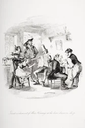 Wielkie podekscytowanie panny Kenwigs w salonie fryzjerskim, ilustracja z „Nicholas Nickleby” Charlesa Dickensa (1812-70) wydana w 1839 r. (lito)