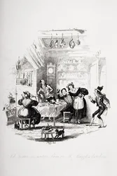 Jobas Troteris susitinka su Samu pono Snukio virtuvėje, iliustracija iš Charleso Dickenso (1812–1870 m.) „Pickwick Papers“, išleisto 1837 m. (taip pat žr. 259100) Poli