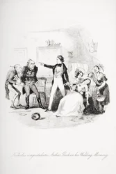 Nicholas gratuluje Arthurowi Gride w poranek poślubny, ilustracja z „Nicholas Nickleby” autorstwa Charlesa Dickensa (1812-70) opublikowana w 1839 r. (patrz także 259152)
