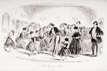 Szkoła tańca, ilustracja z „Ponurego domu” Charlesa Dickensa (1812-70) opublikowana w 1853 r.