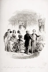 Portrety rodzinne u pana Bayhama Badgera, ilustracja z „Ponurego domu” Charlesa Dickensa (1812-70) wydana w 1853 r. (lito)