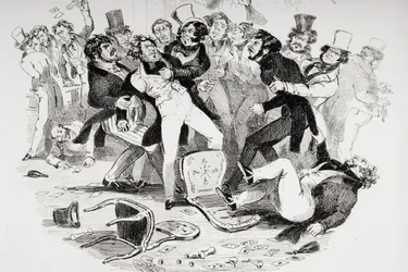 Ostatnia bójka między Sir Mulberry a jego uczniem, ilustracja z „Nicholas Nickleby” Charlesa Dickensa (1812-70) opublikowana w 1839 r. (litografia) (patrz także 249150)