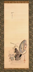 Hotei And Child (atrament i kolor na jedwabiu)