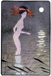 Młody Japończyk kąpiący się w stawie w świetle księżyca - w „Japanese Doll” Féliciena Champsaura, ilustracja Hanabusy Itchō, Paryż