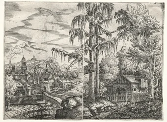 Krajobraz z miastem nad rzeką i chatą między drzewami, 1551.