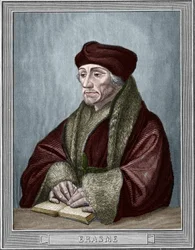 Portret Didiera Erasme (Erasmus z Rotterdamu) (1469 - 1536), holenderskiego humanisty. Rycina według oryginału Holbeina Hansa Młodego (1497-1543). Rycina z 1859 r. w „”galeriach Europy – Włochy” autorstwa armengaud. Prywatna kolekcja.