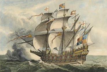 "Wielki Harry" - pierwszy okręt wojenny wyposażony w działa, zbudowany w Woolwich za panowania Henryka VIII.
