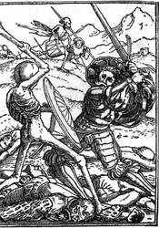 Udawana śmierć Hansa Holbeina Młodego (1497-1543): żołnierza. Żołnierz walczy ze Śmiercią; u ich stóp leżą ciała innych wojowników. Rytownictwo.
