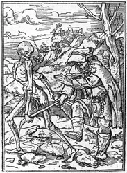 Wizerunki śmierci Hansa Holbeina Młodszego (1497-1543): ślepiec. Śmierć chwyta laskę ślepca i służy mu za przewodnika. Rycina.
