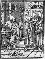 Symulakony śmierci Hansa Holbeina Młodszego (1497-1543): lekarz. Śmierć pojawia się między lekarzem a jego pacjentem. Rytownictwo.