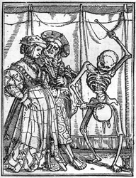 Wizerunki śmierci autorstwa Hansa Holbeina Młodszego (1497-1543): małżonkowie. Śmierć gra na bębnie przed parą. Rycina.