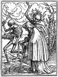 Przedstawienia śmierci autorstwa Hansa Holbeina Młodszego (1497-1543): Stara kobieta. Śmierć towarzyszy starszej damie w drodze ku jej przeznaczeniu. Rycina.