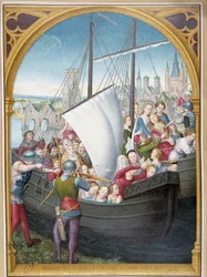 Lądowanie dziewic w Kolonii i ich męczeństwo, od ap. szachy św. Urszuli, Brugia, autorstwa Memling