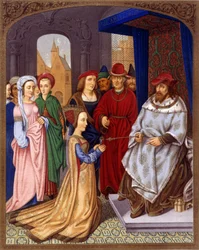 Królowa Saby przed Salomonem - Miniatura brewiarza kardynała Grimaniego przypisywana Memlingowi, Biblioteca Marciana, Wenecja.