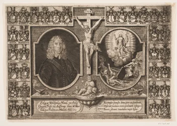 Gregers Friis do Ålstrup oraz Chrystus na krzyżu i zmartwychwstanie Chrystusa. Otoczony tarczami