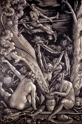 Szabat czarownic, rycina Hansa Baldunga Greena, niemieckiego malarza, rytownika i rysownika (1484-1545).